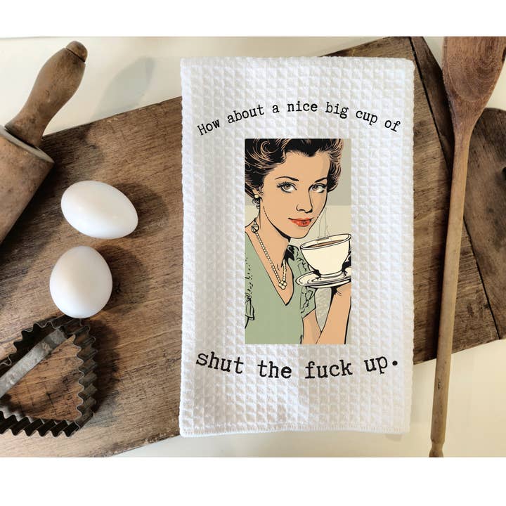 Hvad med en stor kop "luk røven" — et sjovt håndklæde for engroshandel hos Rebel Roses