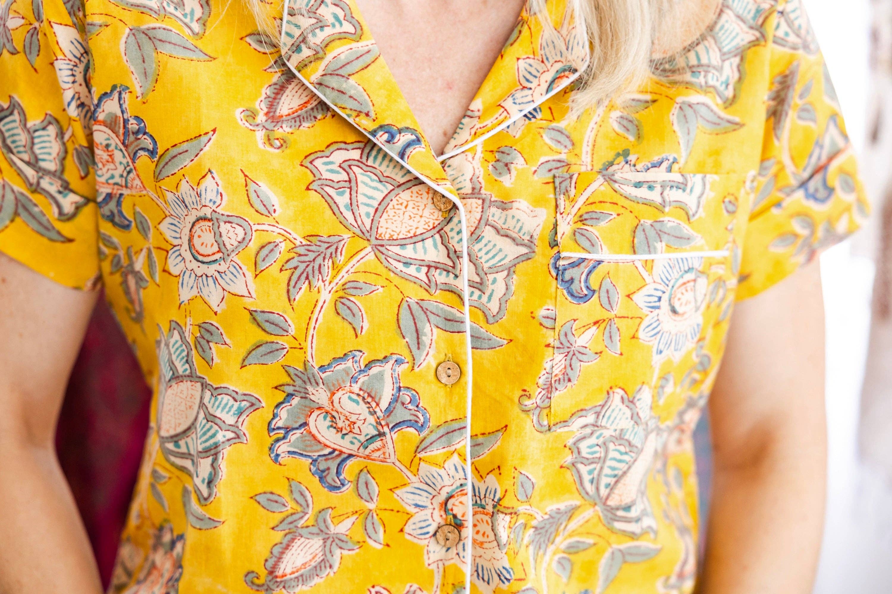 Rahab's Rope - Wholesale Sleepwear Set - Women's - Canary Blooms Block Print Pajama Shorts Set2