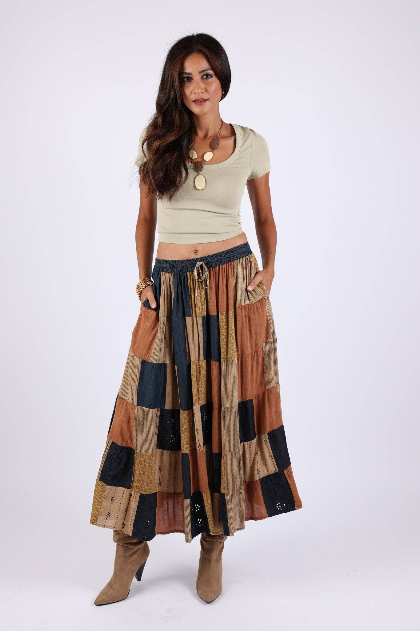Sacred Threads - Wholesale Skirt - Women's - Earth-Tone Denim Skirt: Patchwork Color block4