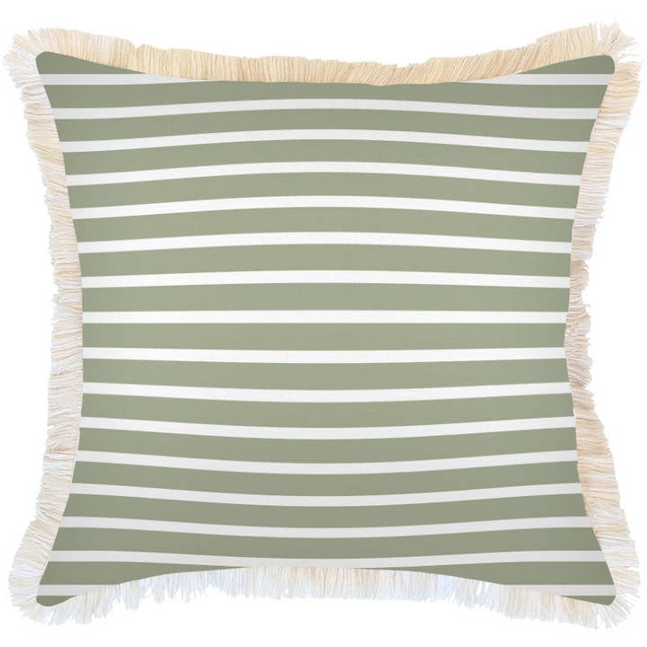 Cushion Cover-Coastal Fringe-Hampton Stripe Sage-60cm x 60cm for wholesale by Escape To Paradise