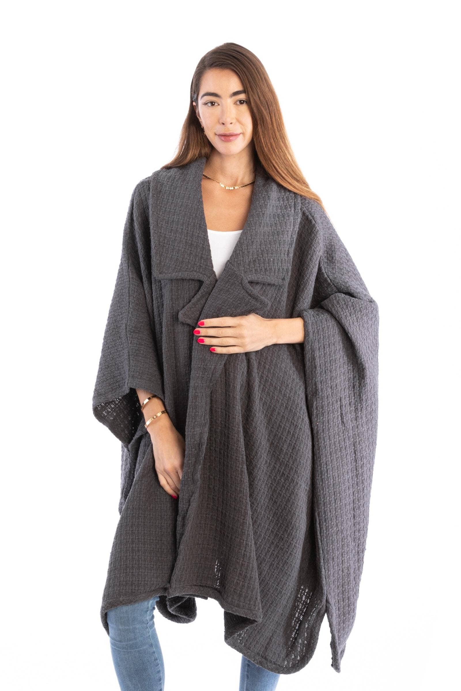 SAACHI - Wholesale Kimono - Women's - Comfy Oversized Waffle Knit Collared Jacket6