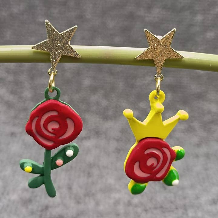 Enamel Rose & Crown Asymmetric Post Earrings - YK for wholesale by Mio Queena