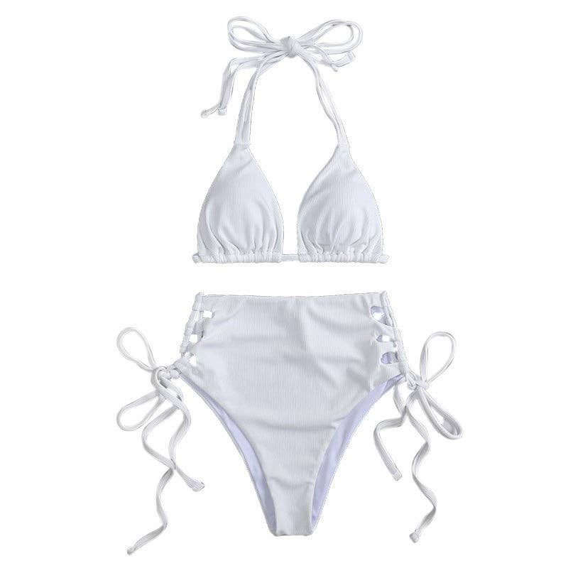 WHITE Solid Color High Waist Tied Bikini Set for wholesale on Faire2