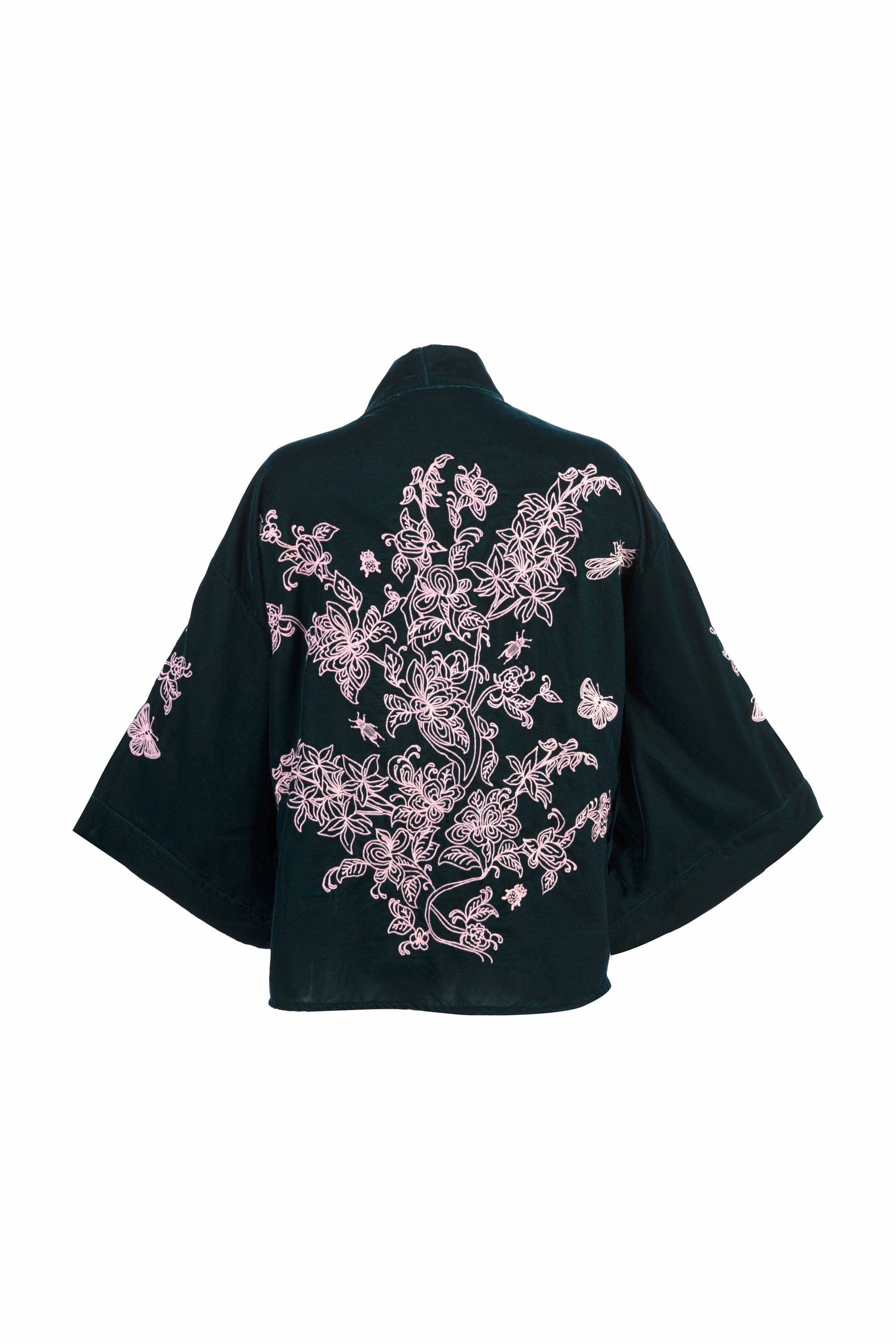 Artemis Muse - Wholesale Kimono - Women's - Wild Flowers & Butterflies Teal & Pink Velvet Embroidered Short Kimono8