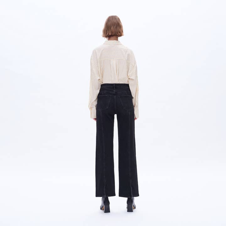 BLACK SUPER HIGH RISE WIDE LEG JEANS(FINISHED HEM,SLIT) BYW8084 for wholesale on Faire