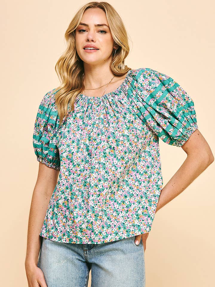 PINCH - Wholesale Blouse - Women's - FLORAL PRINT SS WOVEN TOP - GREEN BLUE