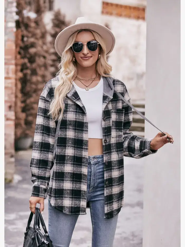 Veste Chemise à Capuche Décontractée en Flanelle Style à