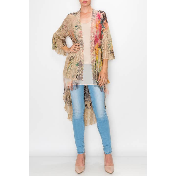 BOHEMISK HELSPETSLONG KOFTA MED HÖG-LÅG DESIGN-4508 TAUPE/TROPISK för wholesale av Origami Apparel ~ Lace and Crochet inspired