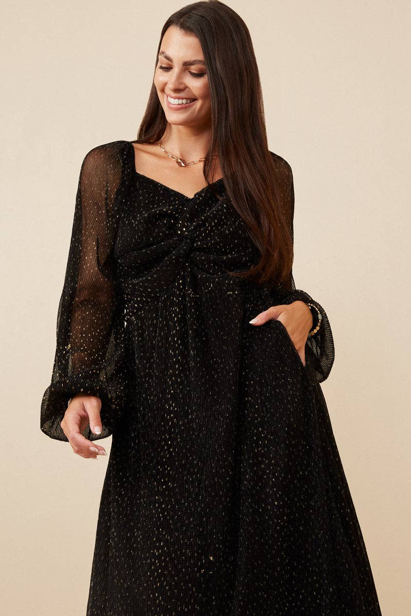 Black Womens Gold Foiled Crinkle Textured Twist Detail Dress for wholesale on Faire2