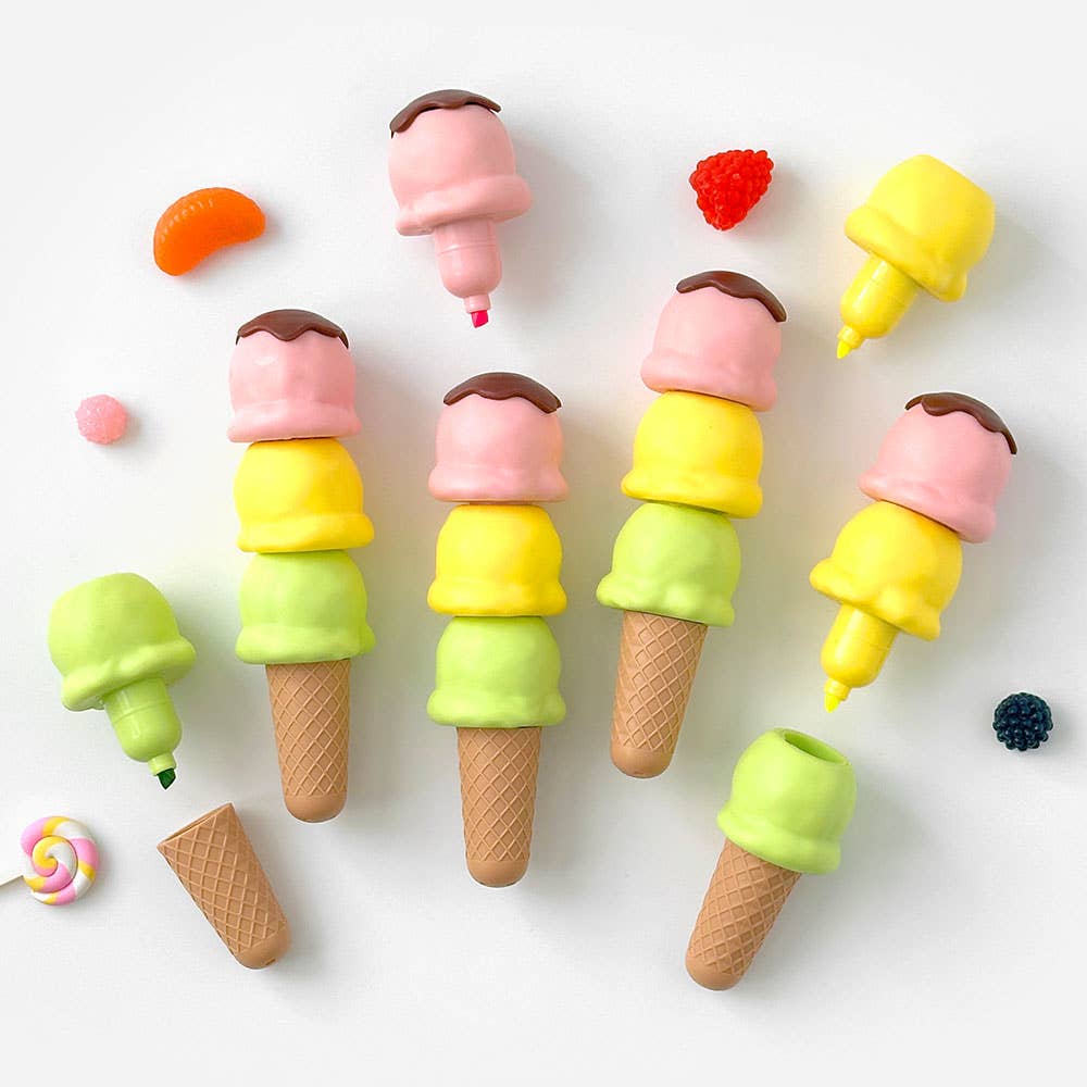 K-Wonderland - Wholesale Highlighter - Ice Cream Cone Highlighter Pen – 3 Colors in One!3