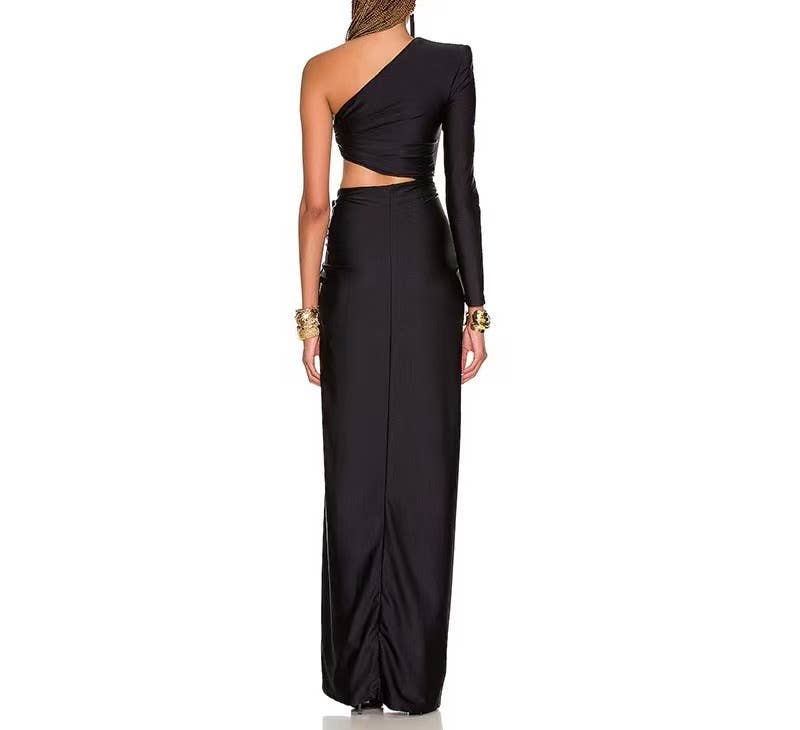 Noir Sanyao Fashion - Robe longue élégante fendue à épaule asymétrique en vente sur Faire3