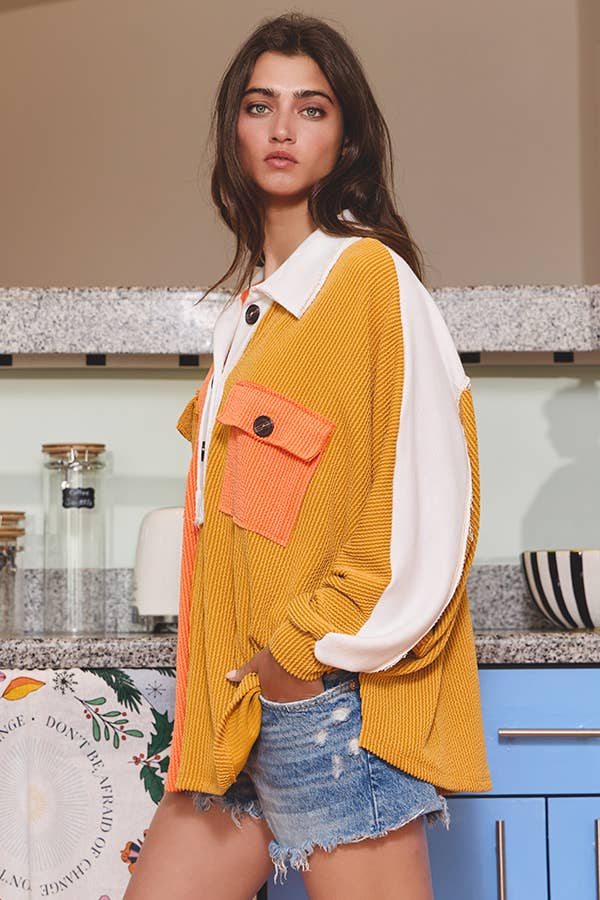 Orange/Moutarde Tunique boutonnée surdimensionnée côtelée à blocs de couleurs T1578-2D en vente sur Faire3