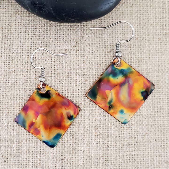 Small Flame Paint Copper Diamond Earrings for wholesale by Covaly Artisan Jewelry