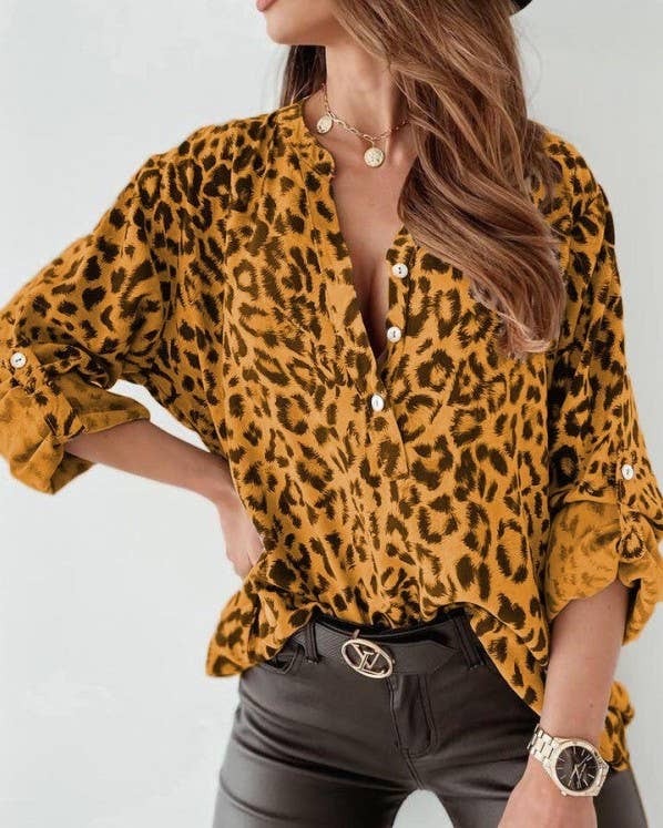 Rosa Clothing - Wholesale Shirt - Women's - Chic Leopard Print Button-Front Blouse0