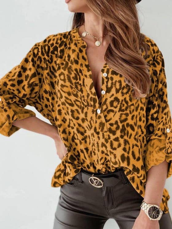 Rosa Clothing - Wholesale Shirt - Women's - Chic Leopard Print Button-Front Blouse