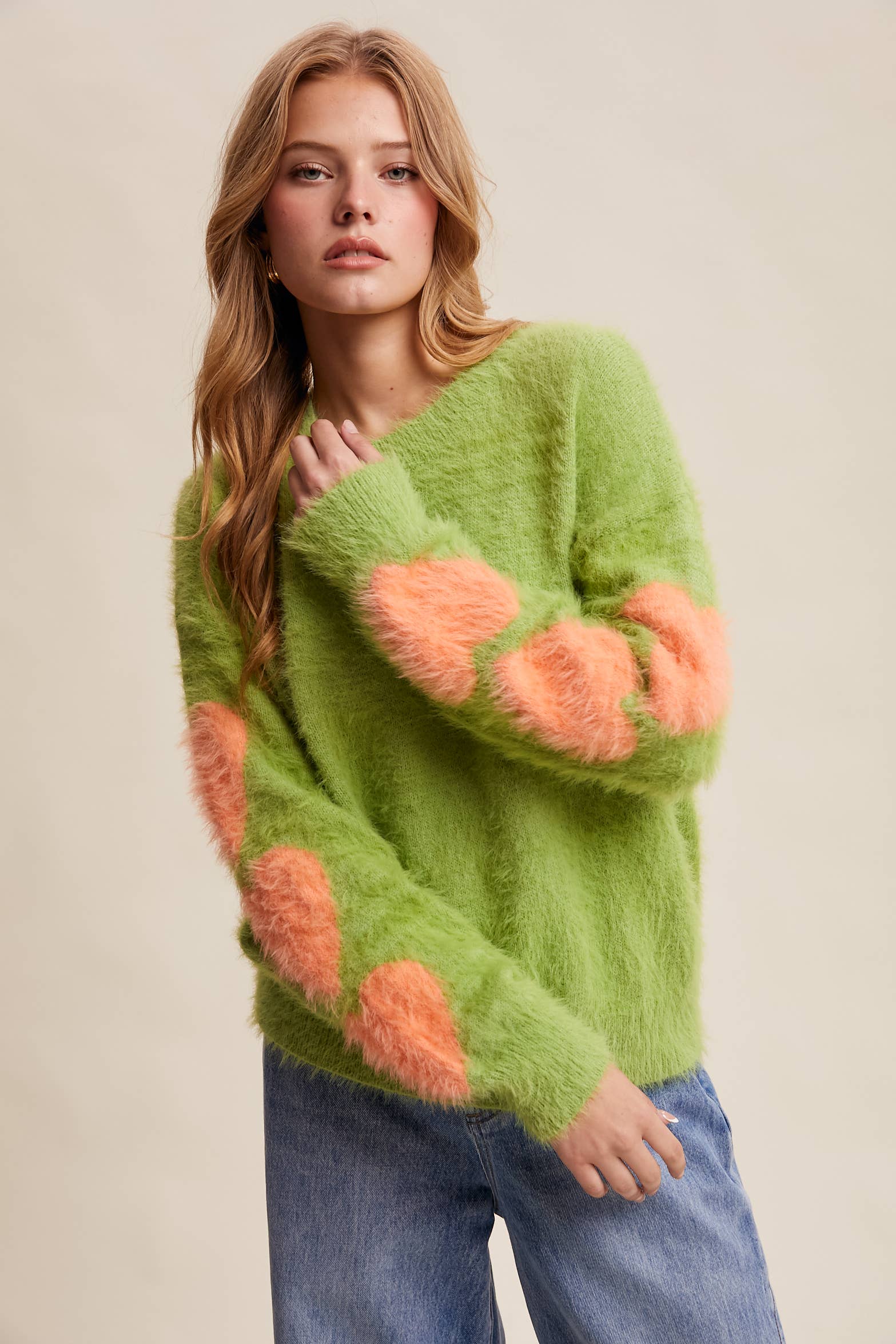 Listicle - Wholesale Knit Sweater - Women's - Fuzzy Heart-Sleeve Pullover Sweater LSW08724