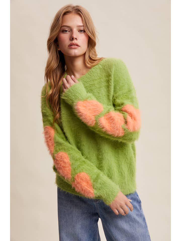 Listicle - Wholesale Knit Sweater - Women's - Fuzzy Heart-Sleeve Pullover Sweater LSW08724