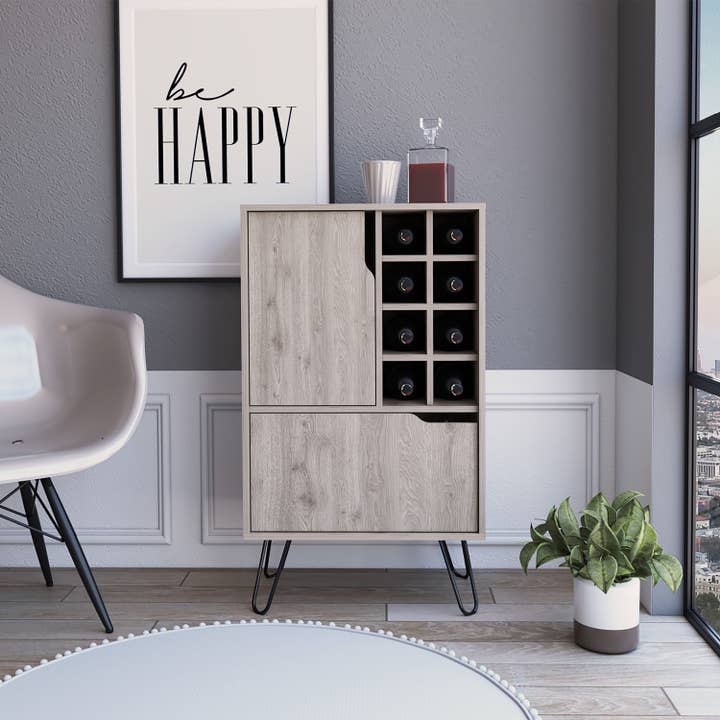 Zamna L Bar Sgl Door Cabinet, 8 Wine Rack, Gray for wholesale on Faire