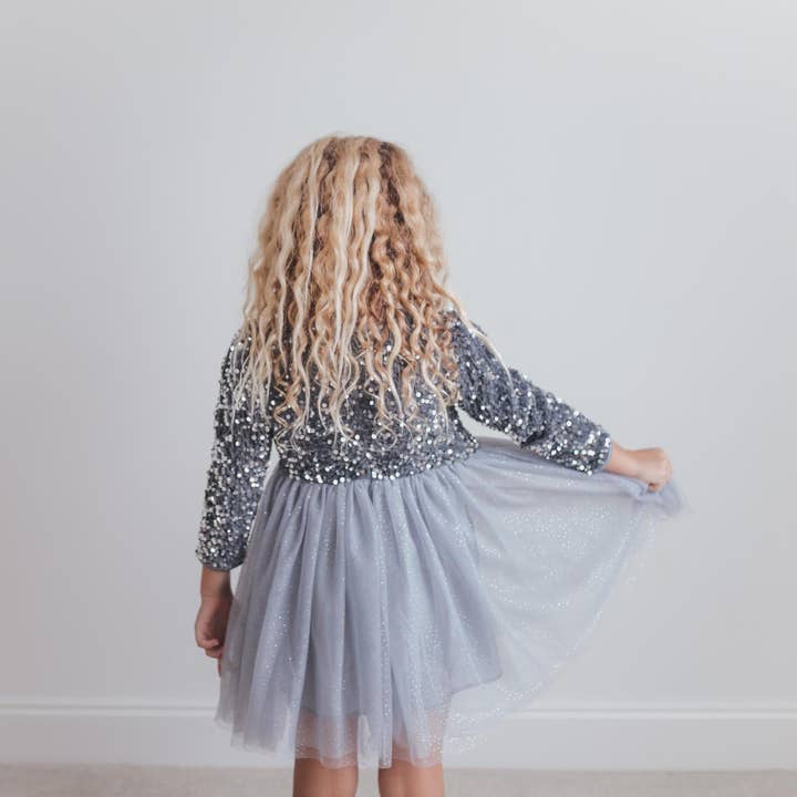 Oopsie Daisy - Wholesale Dress - Kids - Kids Sequin Silver Holiday Fancy Sparkle Tulle Winter Dress