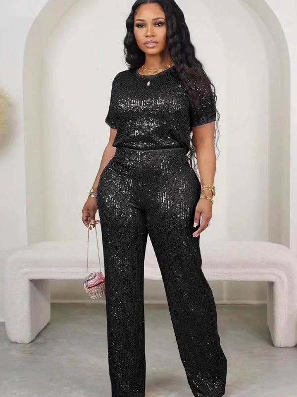 Aria Romance - Wholesale Top & Pant Set (NOT Loungewear) - Women's - Sequin solid color short-sleeved pants two-piece set