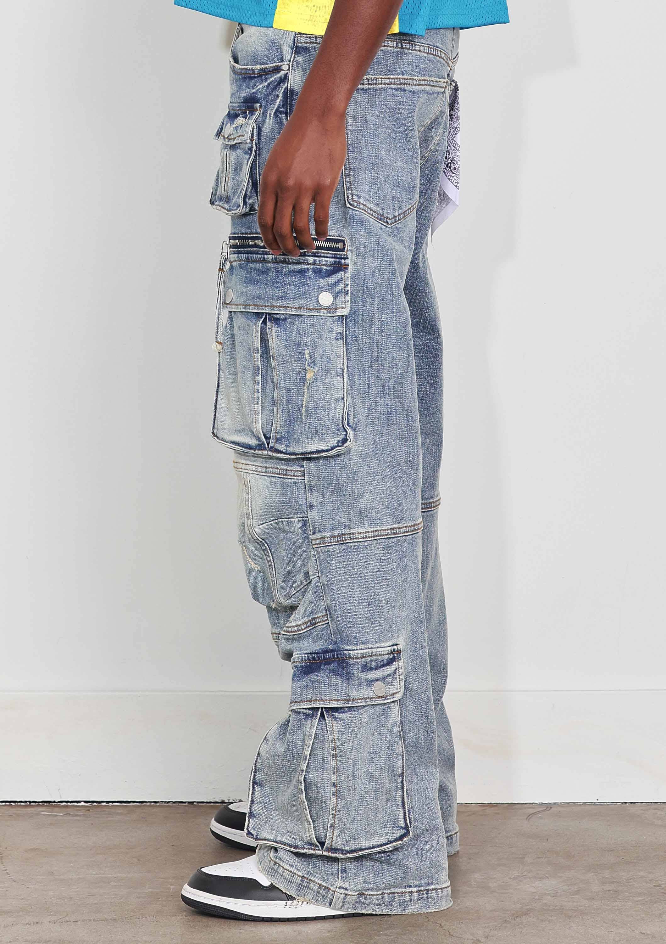 Light Stone Tint WASHED MULTI CARGO DENIM Y2K PANTS for wholesale on Faire3