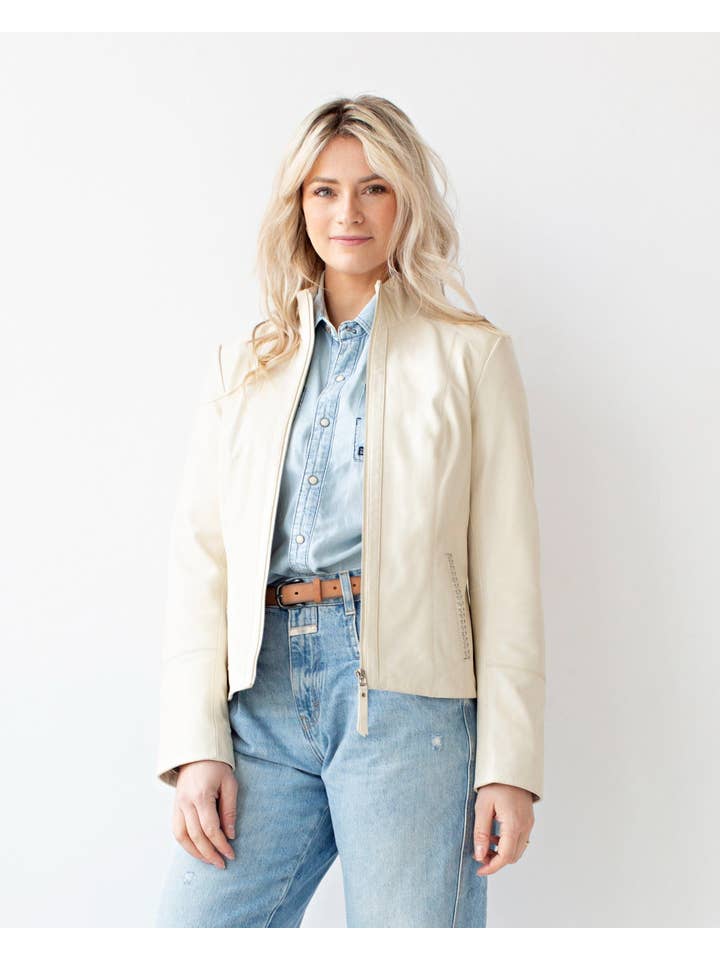 Amsterdam Heritage Leather Belts, Bags, Jackets & Apparel - Wholesale Leather Jacket - Women's - Chicago | Black and Creme Women's Leather Urban Jacket1