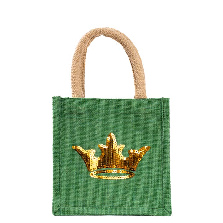Charlotte Crown Sequin Petite Gift Tote Green/Gold 7x7x5 for wholesale by The Royal Standard