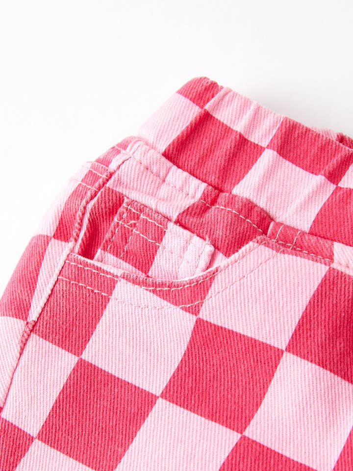 Rylee Faith Designs – wholesale Jeans - Barn – Flickor Rosa Rutigt Tryck Elastiska Utsvängda Byxor Jeans