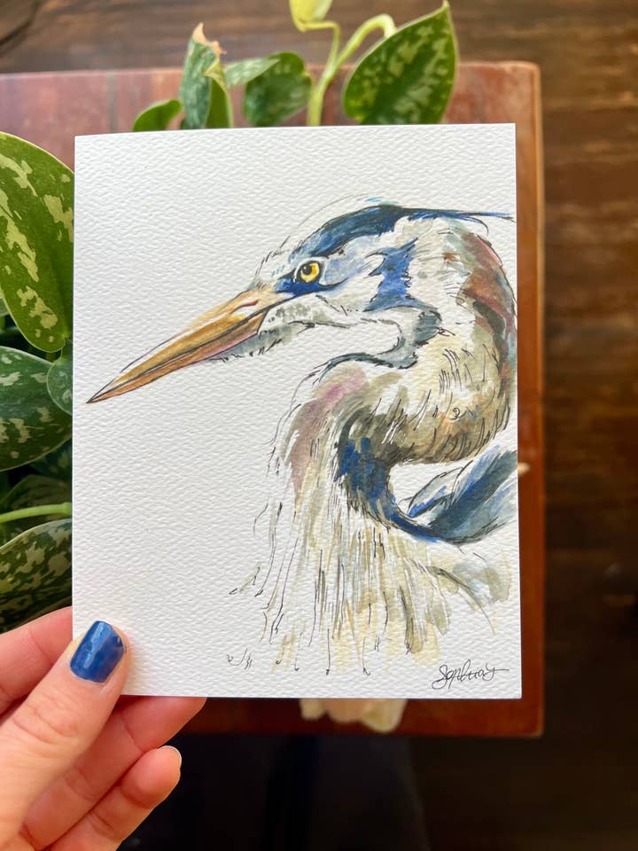Blue Heron Watercolor Greeting Card for wholesale by Sophia Lavrov