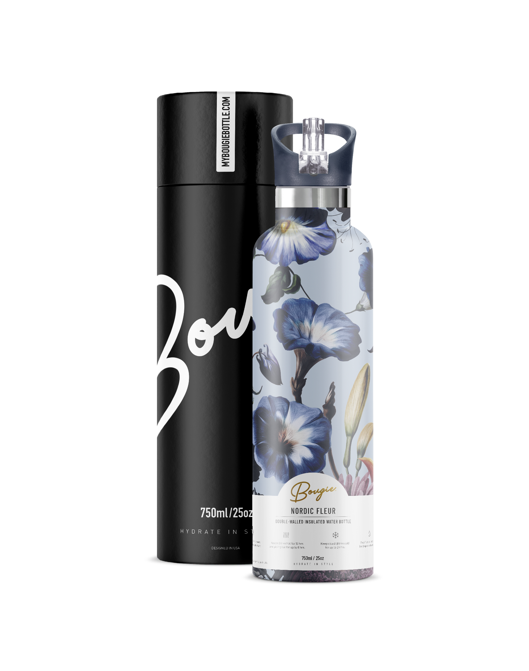 Black NORDIC FLEUR Morning Glory 25 oz Insulated Water Bottle for wholesale on Faire2