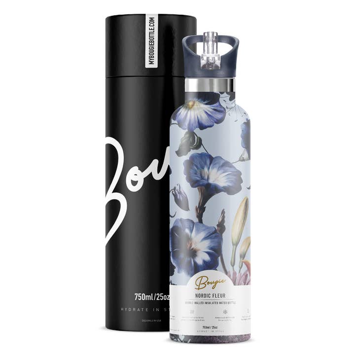 Black NORDIC FLEUR Morning Glory 25 oz Insulated Water Bottle for wholesale on Faire2