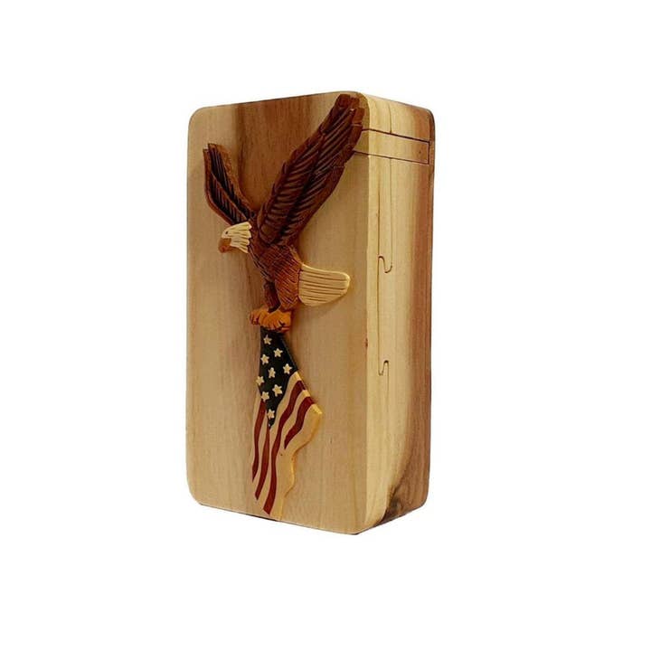 Positive Urns - Wholesale Decorative Box - Eagle and Flag - Hand-Crafted Memorial Keepsake Puzzle Box