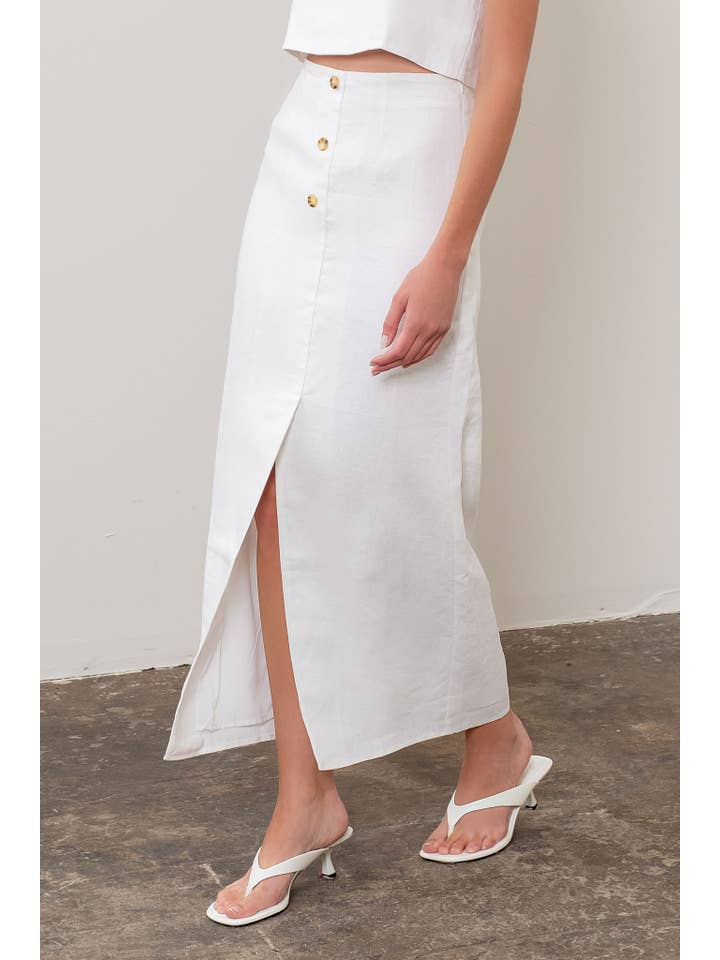 Moon River - Wholesale Skirt - Women's - FRONT BUTTON DETAIL LINEN MIDI SKIRT5