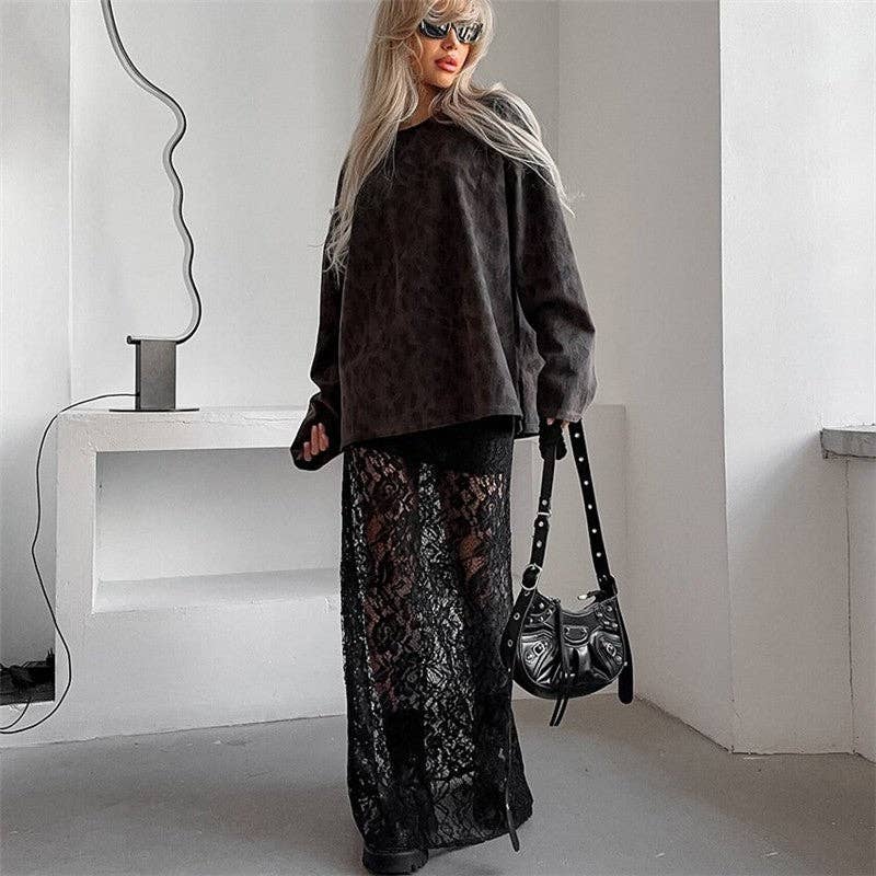 BLACK Elegant Lace Floral High-Waisted Midi Skirt for wholesale on Faire1