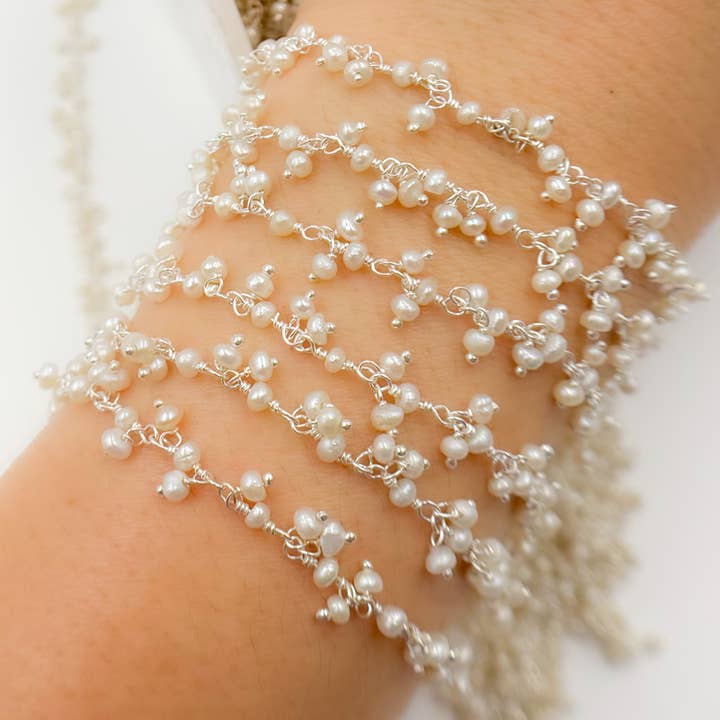 PRL66. Pearl Cluster Dangle Sterling Silver Wire Chain for wholesale by Tresor Jewelry Inc.