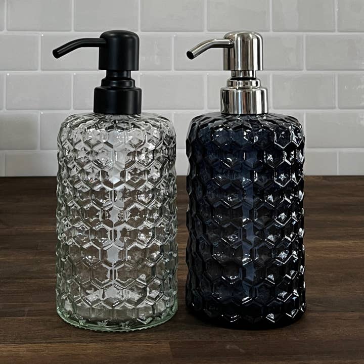 14oz Honeycomb Glass Soap Dispenser bottles with metal pumps for wholesale by The Bottle Shoppe