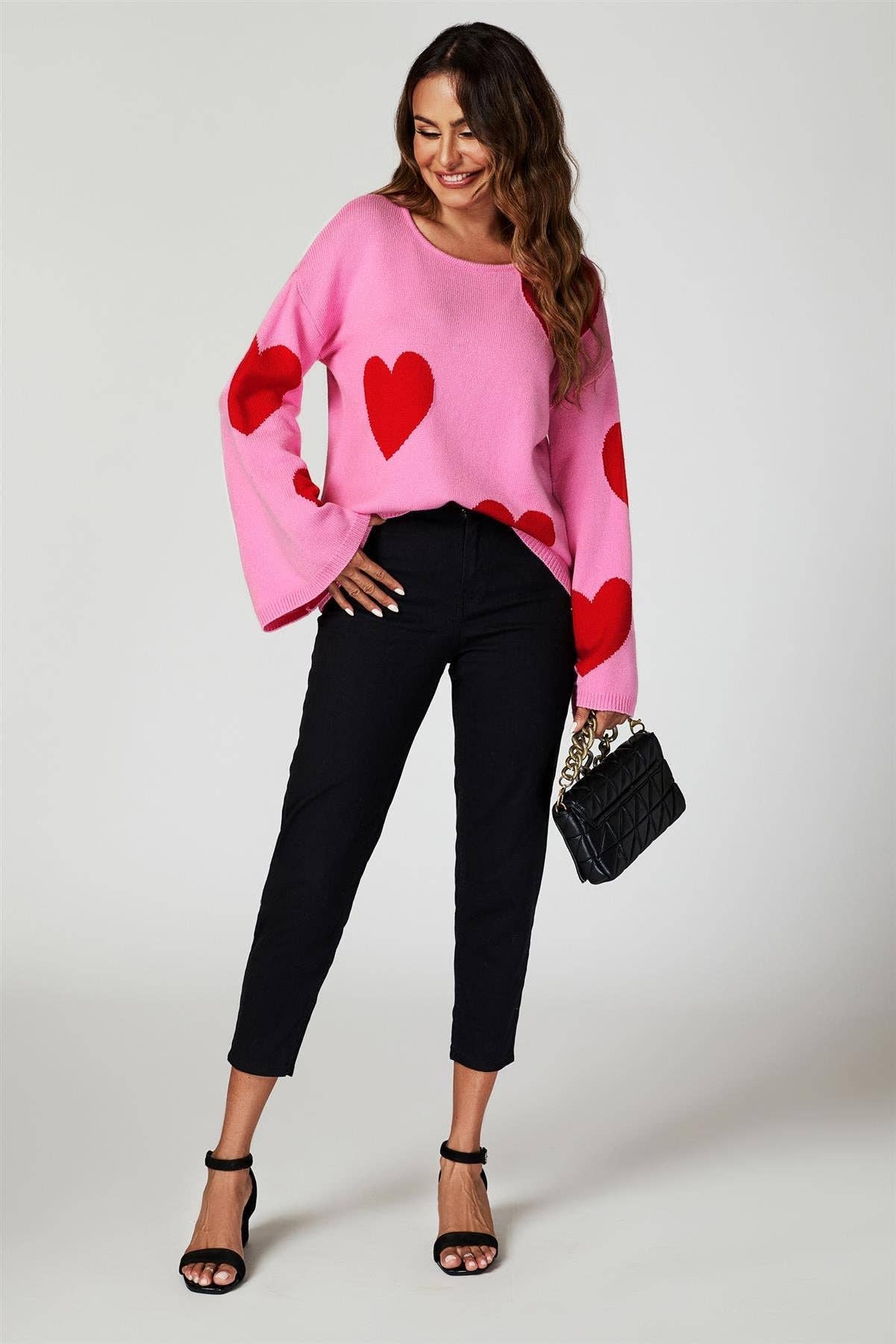Wide Sleeve Oversize Red Jumper With Pink Heart for wholesale on Faire5