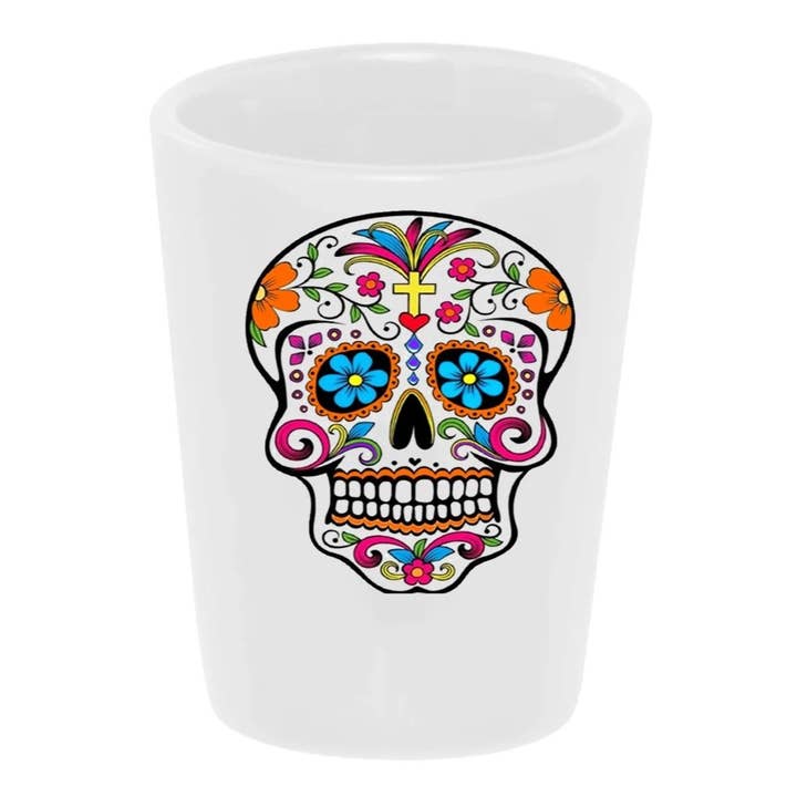 Bronze Baboon - Venta al por mayor Vaso de chupito - Vaso de chupito Sugar Skull 1.5 oz Día de los Muertos
