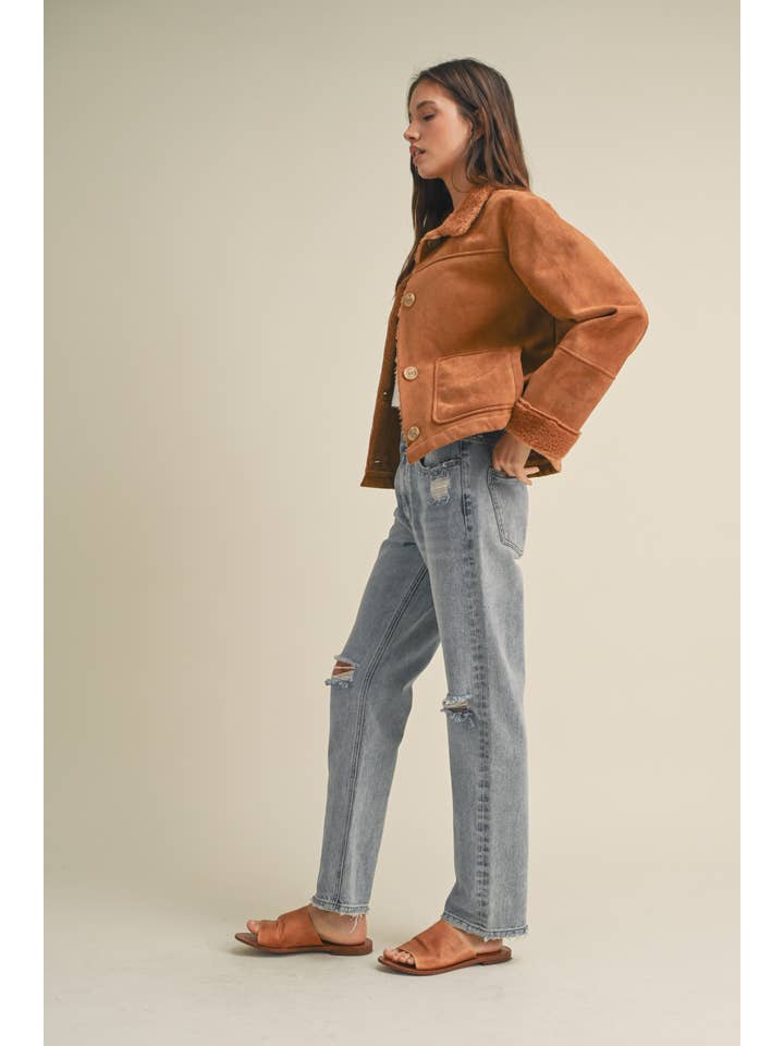 CAMEL SUEDE JACKET WITH FAUX FUR DETAIL / WL23-7790 for wholesale on Faire