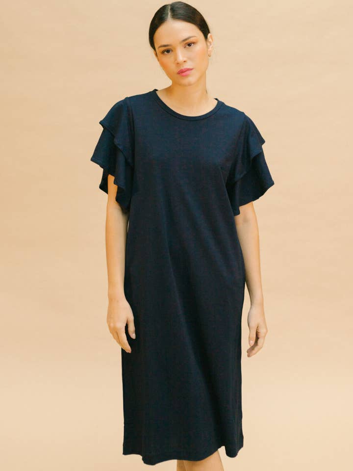 Navy blue ruffled dress for wholesale by PAN Producto Básico