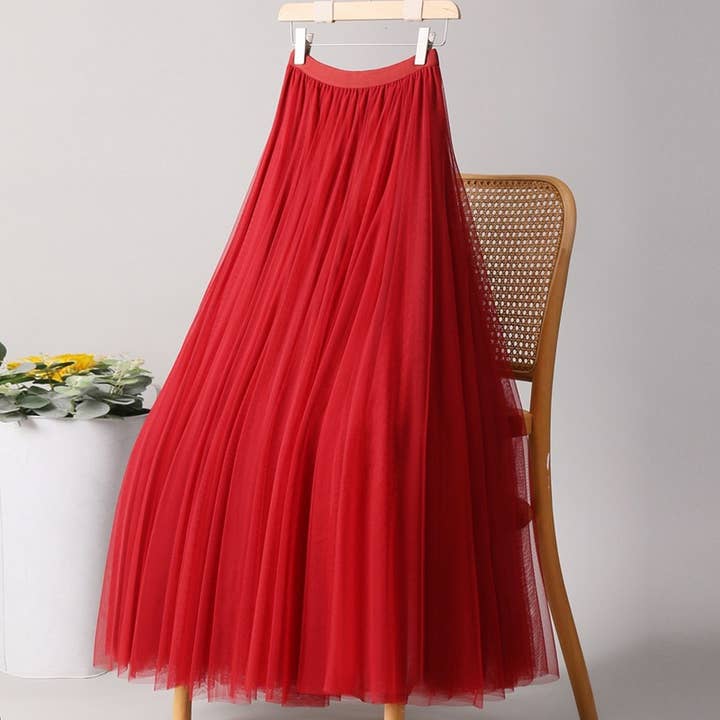 ACCITY - Wholesale Skirt - Women's - SOLID COLOR ELASTIC-WAIST MESH TULLE A-LINE SKIRT_CWBLS037210