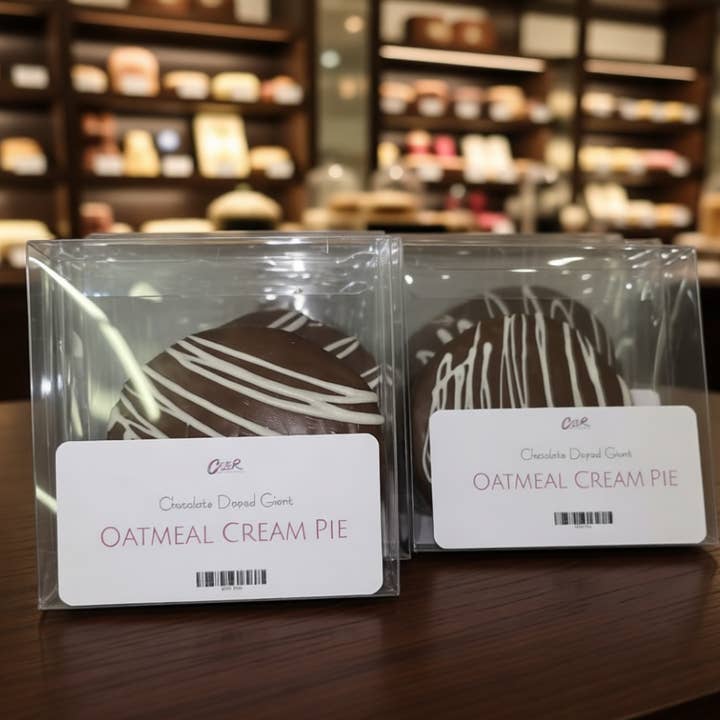 Chocolate Dipped Giant Oatmeal Cream Pie for wholesale by Color Me Chocolate
