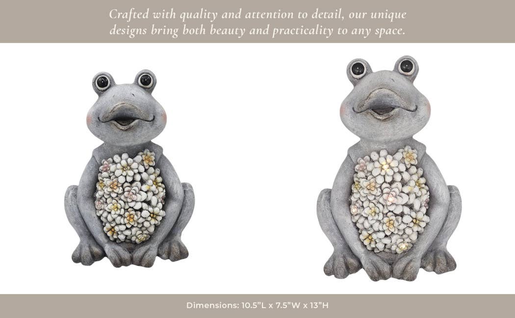 Sagebrook Home - Wholesale Outdoor Ornament/Decor - Ceramic Sitting Frog Statue Solar Flowers - Gray, 13 in.10