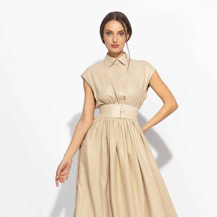 LONG LINEN DRESS WITH DETACHABLE BELT - ESSENTIALS for wholesale by Fashion Roots