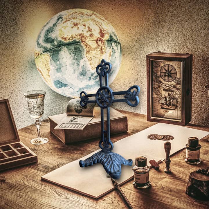 Wilco Home - Wholesale Wall Cross - Cast Iron Filigree Table Cross on Rectangular Pedestal Base