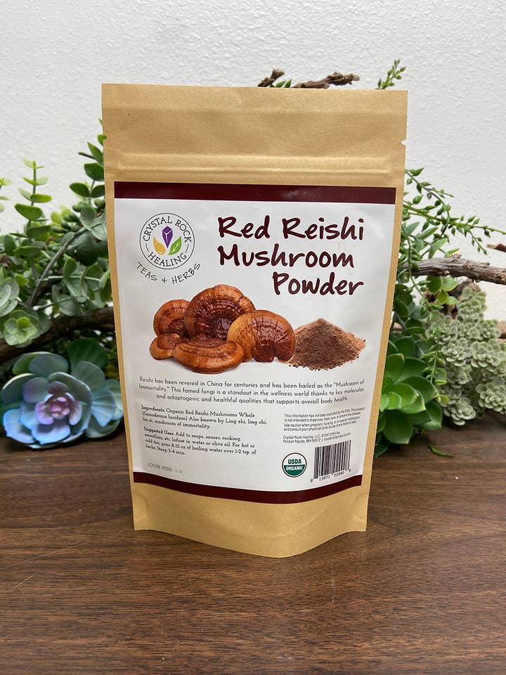 Champignon Reishi rouge en poudre 1oz biologique pour la vente par Crystal Rock Healing, LLC