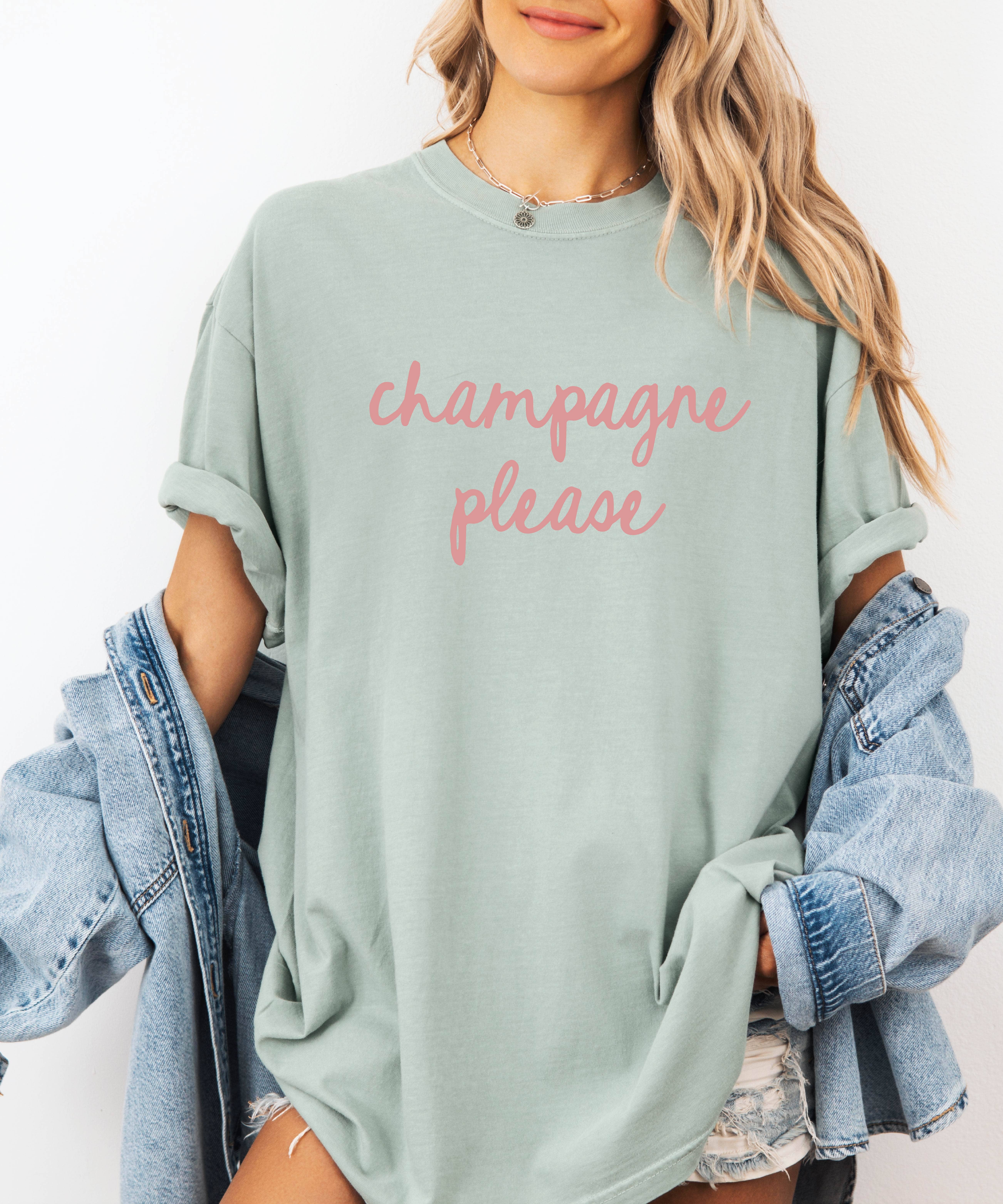 P E T I T R U E - Wholesale Screen Printed T-Shirt - Women's - Champagne Please Shirt, Cute Bachelorette Party Tee1