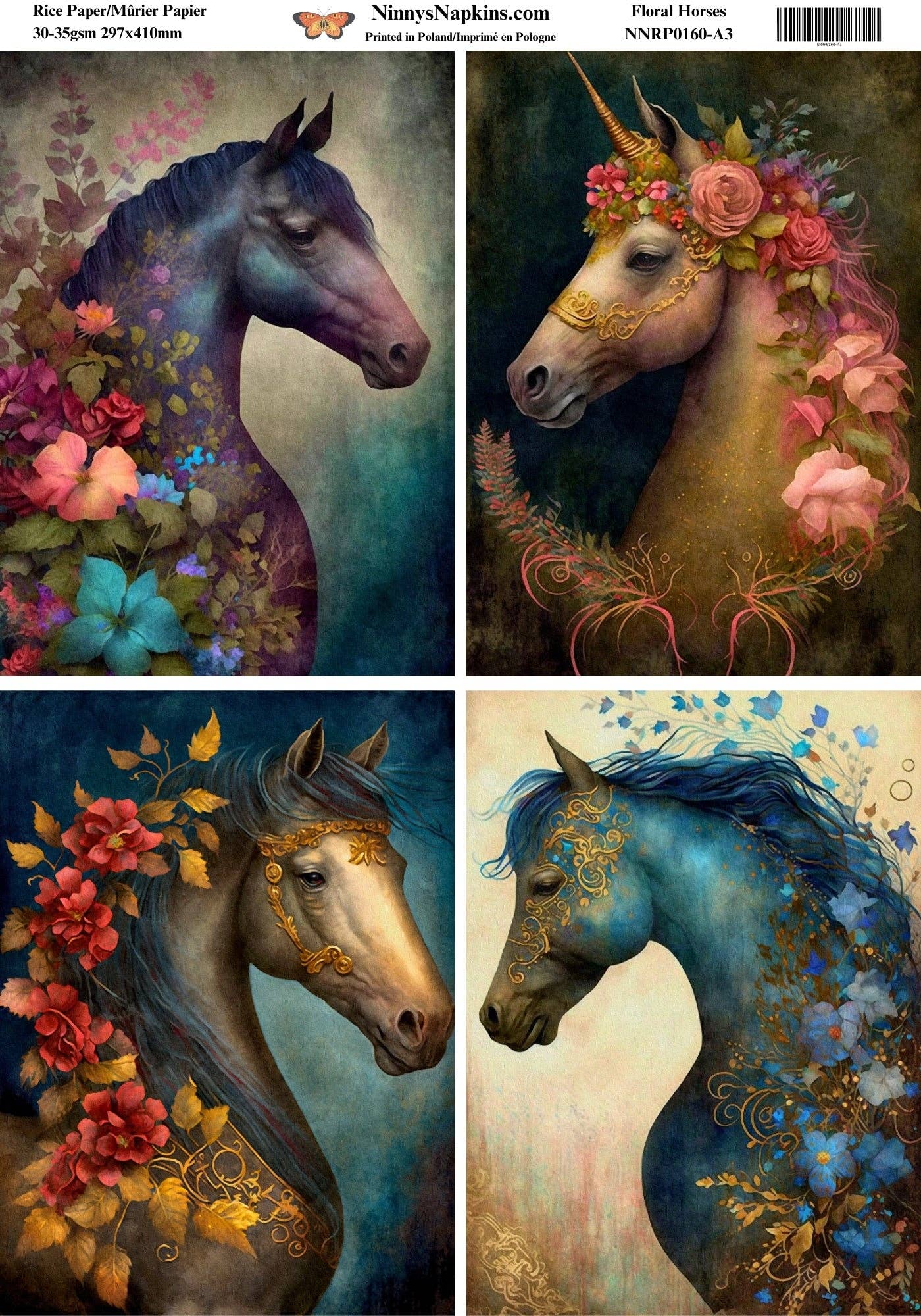 Ninnys Napkins - Wholesale Craft Supplies - Ninny's Decoupage Rice Paper - Floral Horses1