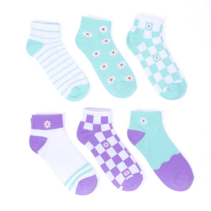 Ladies' Assorted Low Cut Flower 6 pre-pack Ribbed Socks-LN6F for wholesale by Selini New York