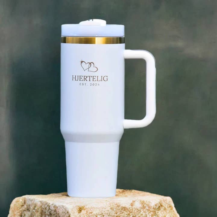 Hjertelig ståltermos med guldkant och logo, vit för wholesale av Hjertelig